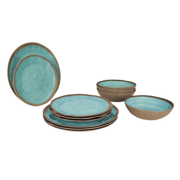 Bo-Camp-Melamine Servies Halo Terracotta Aqua-12delig-Servies-Stijlvol-Kamperen-Camping-Glaravans–Campingservies-Kampeerservies