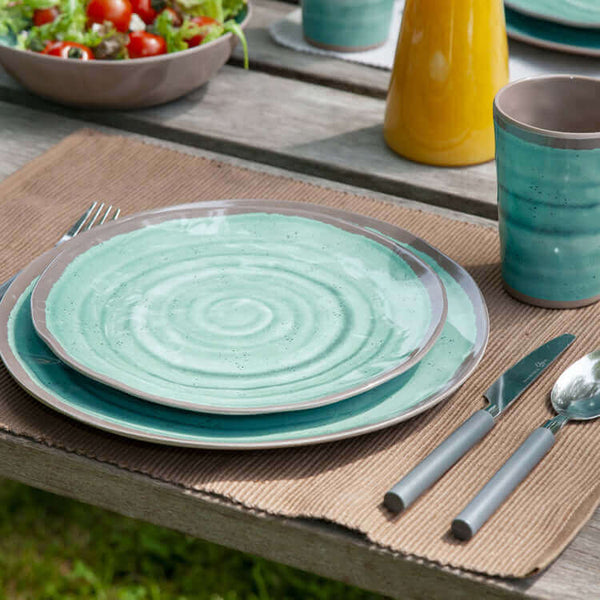 Bo-Camp-Melamine Servies Halo Terracotta Aqua-12delig-Servies-Stijlvol-Kamperen-Camping-Glaravans–Campingservies-Kampeerservies