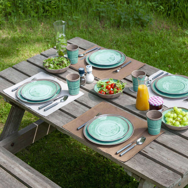 Bo-Camp-Melamine Servies Halo Terracotta Aqua-12delig-Servies-Stijlvol-Kamperen-Camping-Glaravans–Campingservies-Kampeerservies