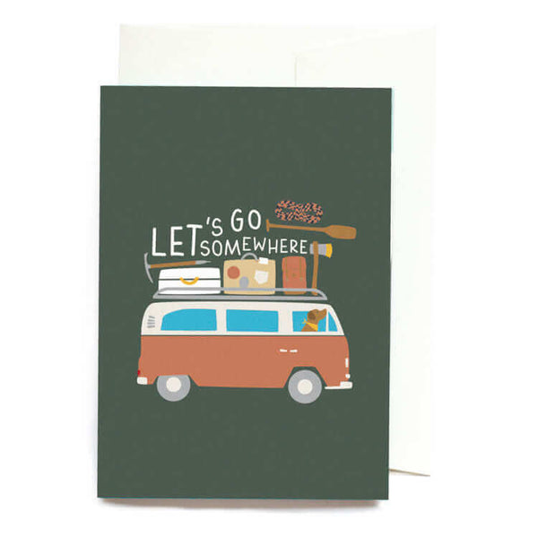 wenskaart let's go somewhere-greeting card-ansichtkaart-postcard-envelop-reizen-travel-roadtrip-message-bericht-stylish-stijlvol-avontuur-avonturier-kamperen-caravan-camper-camping-van-vanlife-glaravans