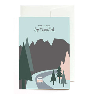 wenskaart take the road-greeting card-ansichtkaart-postcard-envelop-reizen-travel-roadtrip-message-bericht-stylish-stijlvol-avontuur-avonturier-kamperen-caravan-camper-camping-van-vanlife-glaravans