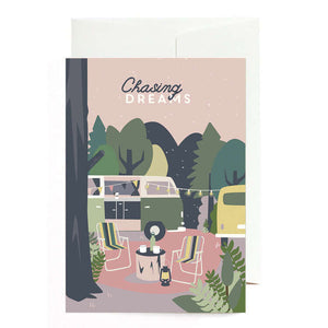 wenskaart chasing dreams-greeting card-ansichtkaart-postcard-envelop-reizen-travel-roadtrip-message-bericht-stylish-stijlvol-avontuur-avonturier-kamperen-caravan-camper-camping-van-vanlife-glaravans